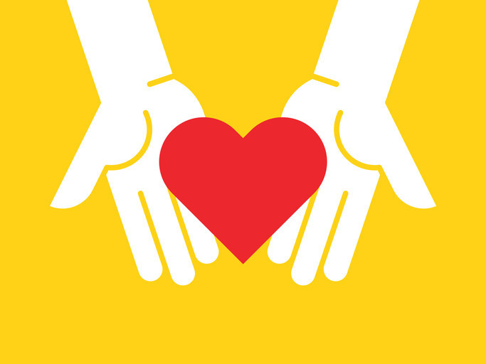 illustration of hands holding a red heart against a yellow background